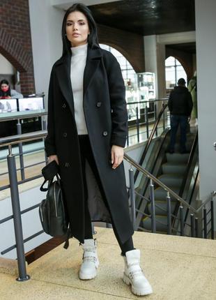 Элегантное демисезонное женское длинное пальто прямое торонто чёрный цвет