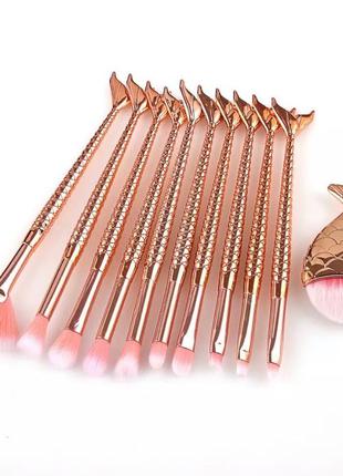 Набор кистей для макияжа рыбка / комплект косметичних пензликів / блестящие золотые кисточки