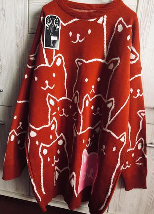 Креативное терракотовое платье- туника оверсайз с котами leyyu&puella.2 фото