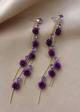📢акция 📢шикарные сережки серьги висюльки цветочки пурпурного цвета1 фото