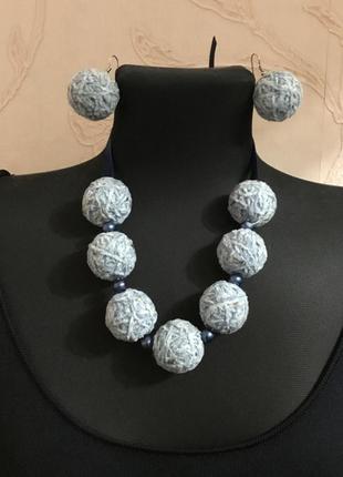 Набор ожерелье чокер серьги в стиле handmade цвет голубой синий