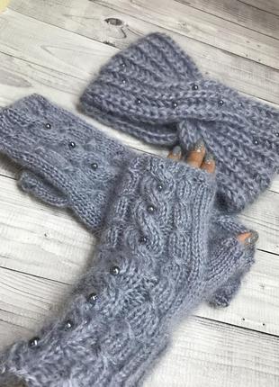 Бежеві рукавиці в'язані рукавиці мохер пов'язка чалма набір ручна робота