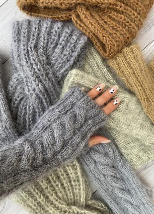 Бежеві рукавиці в'язані рукавиці мохер пов'язка чалма набір ручна робота