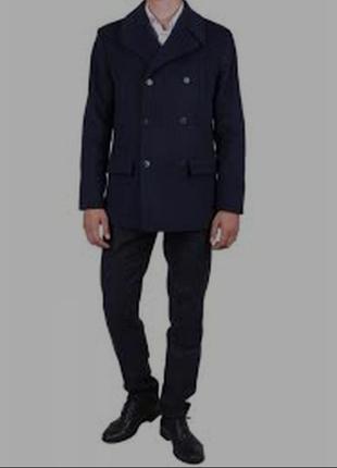 Чоловіче двохбортне пальто 70% шерсть,  темно-синє.  мужское двубортное короткое пальто с карманами полупальто1 фото