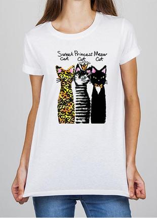 Женская футболка с принтом коты "sweet cat, meow cat, princess cat" push it