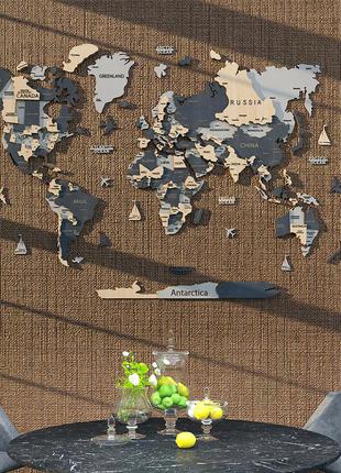Карта мира на стену, деревянная многослойная со странами и столицами 3д3 фото