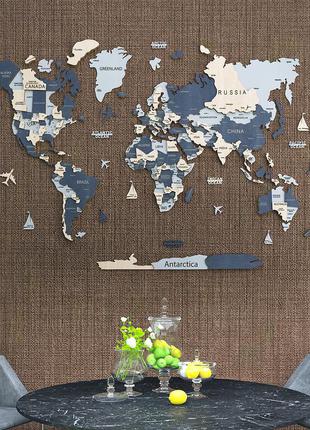 Карта мира на стену, деревянная многослойная со странами и столицами 3д2 фото