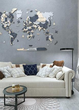 Карта мира на стену, деревянная многослойная со странами и столицами 3д5 фото