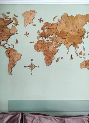 Карта мира на стену деревянная многослойная со странами и столицами 3д