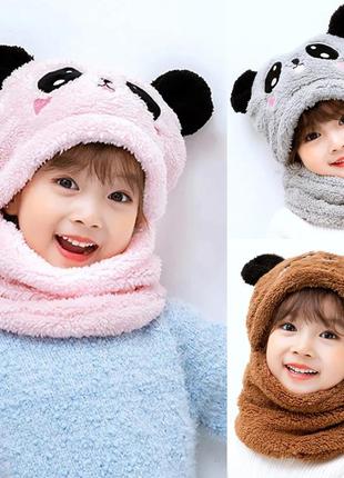 Детский снуд панда с ушками (мишка) теплая шапка-шарф 2 в 1 (зимняя шапка-шлем, балаклава), унисекс
