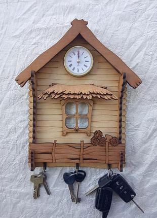 Настінна ключниця вішалка-будиночок з годинником