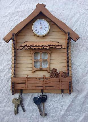 Настенная ключница вешалка-домик с часами2 фото