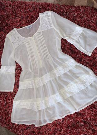 Gina tricot блузон блуза туніка шифонова з мереживом блузка кроше бежева екрю