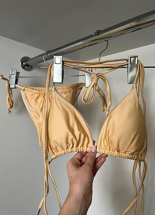 Золотой бежевый купальник шторки треугольник шторки на длинных завязках