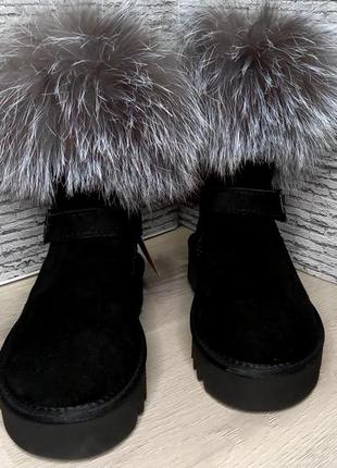 Зимові замшеві чоботи угии з натуральним хутром лисиці, чорнобурки.2 фото