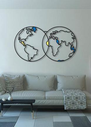Декоративна дерев'яна яна абстрактна картина модульна полігональна панно карта світу з вставками 75*423 фото