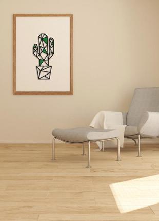 Декоративна дерев'яна картина абстрактна модульна полігональна панно / кактус з вставками 23*50 см2 фото