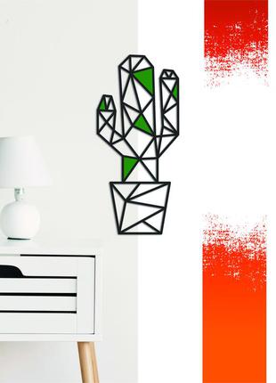 Декоративна дерев'яна картина абстрактна модульна полігональна панно  кактус з вставками 27*58 см