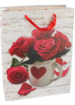 Подарочные пакеты "hearts&flowers" с розой (l) 40*31*12 см (упаковка 12 шт)
