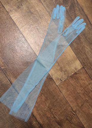 Перчатки женские фатин длинные сетка голубые розовые вечерние2 фото