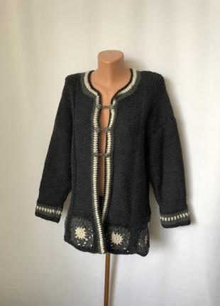 Этно кардиган серый отделка крючком темный угольный винтаж ретро этно бохо кофта ручная работа хендмейд
