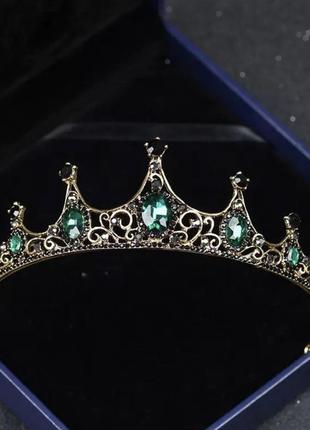 Корона 👑 /діадема на голову зелена чорна тіара з зеленими каменями 💚1 фото
