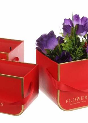 Цветочные коробки с лентой "flowers" красные, размер l: 16.5x12x12.5 см (набор 3 шт)