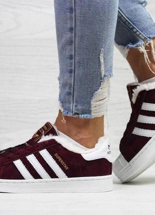 Женские кроссовки adidas superstar бордовый зимний мех скидка sale  ⁇  женские кроссовки зима smb2 фото