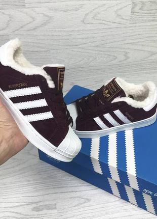 Женские кроссовки adidas superstar бордовый зимний мех скидка sale  ⁇  женские кроссовки зима smb3 фото