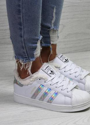 Женские кроссовки adidas superstar белые с серебром зима мех скидки sale  ⁇  женские кроссовки зима smb4 фото