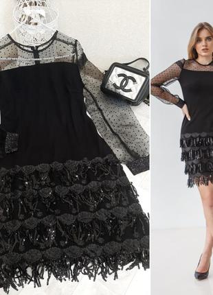 Чёрное платье с паетками и прозрачными рукавами🖤1 фото