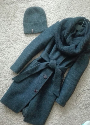 Женское пальто+хомут+шапка, теплое  темно синє  зима приталенное и крутое 😍😍😍!!2 фото