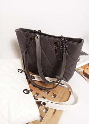 Шоппер серый большаястеганая сумка, жіноча сумка велика сіра6 фото