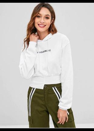 Укороченное асимметричное худи свитшот короткая кофта толстовка кенгуру с капюшоном