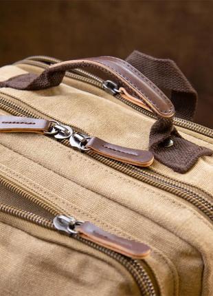 Рюкзак мужской вместительный для ноутбука светлый бежевый песочный канвас текстиль 2 отделения6 фото