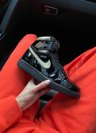 Nike air jordan 1 retro high black gloss, женские кроссовки найк джордан 1 чёрные