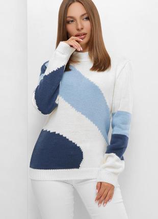 Теплый свитер с шерстью молочный с голубым 5 цветов купить свитер с шерстью