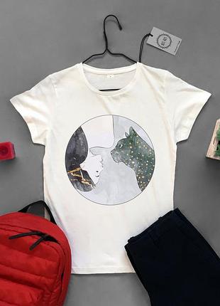 Футболка женская с принтом girl and cat_circle