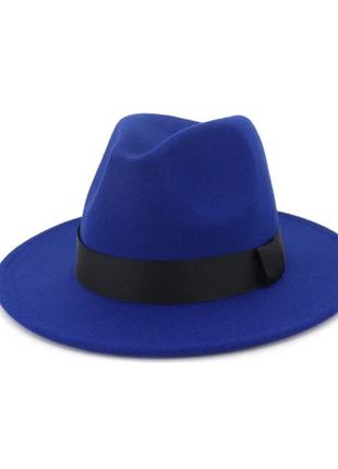 Стильная  фетровая шляпа федора с лентой синий электрик1 фото