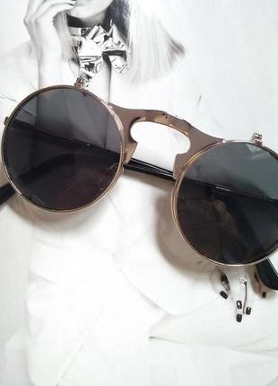 Круглые очки панк двойной флип  черный в серебре
