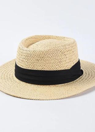Плетений капелюх беж з білою стрічкою
