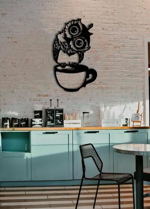 Декоративна дерев'яна картина абстрактна модульна полігональна панно "owl on coffee / сова кави"4 фото