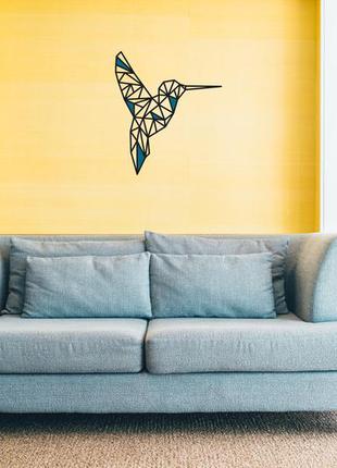 Декоративна дерев'яна картина абстрактна модульна полігональна панно "colibri / колібрі" з вставками7 фото