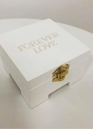 Коробочка шкатулка для колец из дерева с надписью forever love  manific decor на свадьбу  белая1 фото