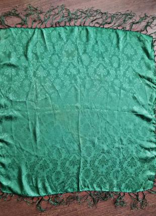 Розкішний шовковий хустку з китицями смарагдовий хустку жаккард однотонний шовк3 фото