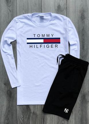 Мужской летний комплект белое джерси с принтом "tommy" и чёрные шорты с принтом "nyc"