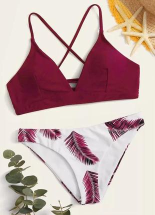 Бордовий купальник на зав'язках сплетенням з листям s m l