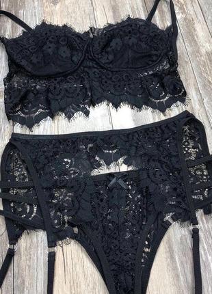 Сексуальный комплект чёрное кружевное белье с портупеей с бретелями с поясом для чулок xs s m l2 фото