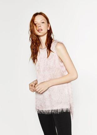 Стильна майка блуза zara basic woman collection топ туника перья бисер пір'я бахрома