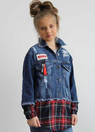 Куртка джинсовая с клетчатым подолом (164 см.)  a-yugi jeans 2125000589725